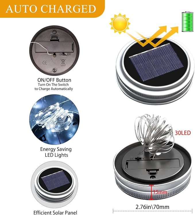 Mason Jar Solar Lights for Outside, 12 Pack 30LED(No Jars) Fairy Lights Mason Jar Solar Lids Outdoor Waterproof String Lights with Hangers for Patio Garden Yard Lawn Decoration - Cool White