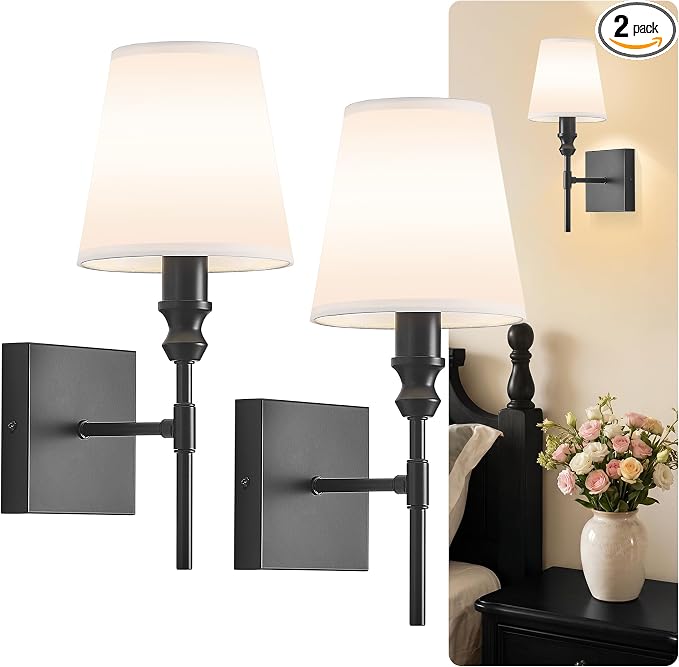Vintage Bathroom Wall Sconce,Hardwired Bedside Wall Sconces Set of 2,Black Bathroom Light Fixture with White Fabric Shade for Bedroom Living Room Hallway Farmhouse,Convertible Height,E12 Base