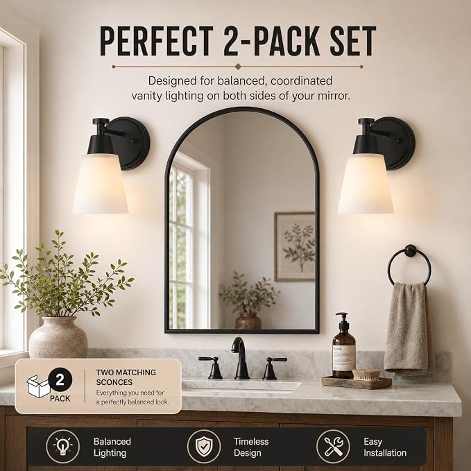 Wall Light Fixtures 2 Pack, Matte Black Vanity Lights with Milk Glass Shades, Modern Farmhouse Wall Sconces for Gallery, Mirror, Bedroom, and Bathroom