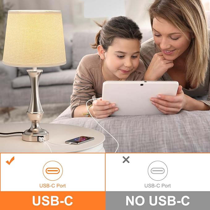 Touch Lamps for Nightstand, 3 Way Dimmable Lamps for Bedroom with USB C+A | Touch Control, USB C+A Charging Ports, Table Lamps for Living Room, Night Stands, Bedside, Bedroom, Bulb Included, Silver
