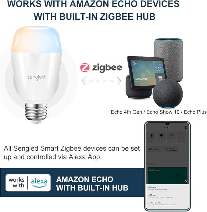 Sengled Zigbee Smart Bulbs, Tunable White 2700K~6500K, Hub Required, Dimmable via Wall Switch, Works with SmartThings and Echo Plus with Built-in Hub, Daylight A19 E26, Voice & APP Control, 4 Pack