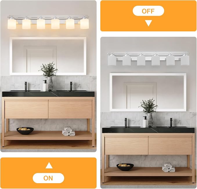 Modern Bathroom Light Fixtures Over Mirror, Vanity Lights for Bathroom Wall Sconces with Milky White Glass Shades, E26 Socket (Bulbs Not Included), 6 Light, Chrome