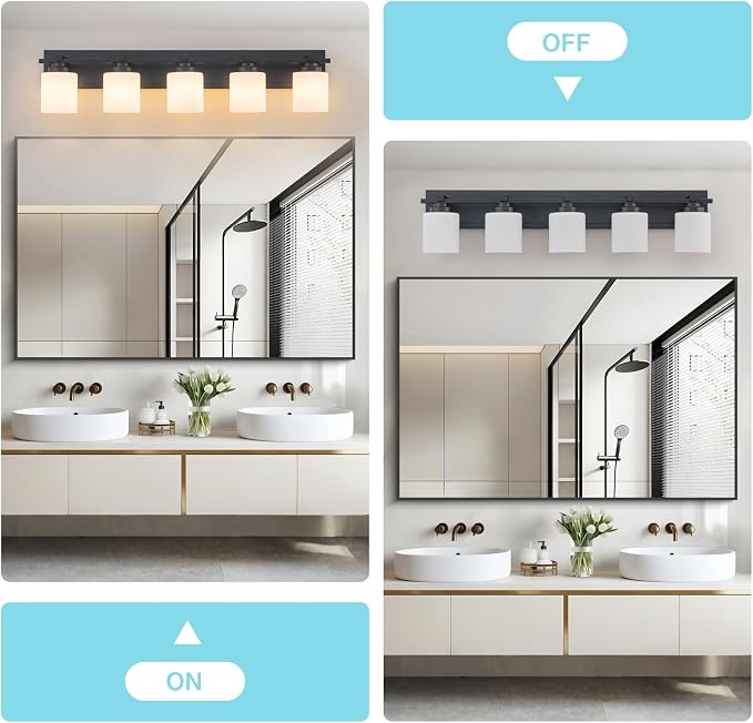 Modern Bathroom Light Fixtures Over Mirror, Vanity Lights for Bathroom Wall Sconces with Milky White Glass Shades, E26 Socket (Bulbs Not Included), 5 Light, Black