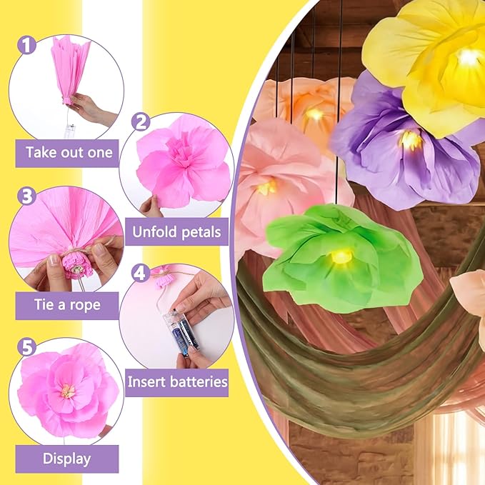 VIHOSE 6 Pcs Tea Party Decorations 15.7 Inch Flower Paper Lanterns with LED Lights for Spring Fancy Party Decorations Large Peony Paper Flower Pendant Lamps for Tea Garden Wedding Bridal Baby Shower