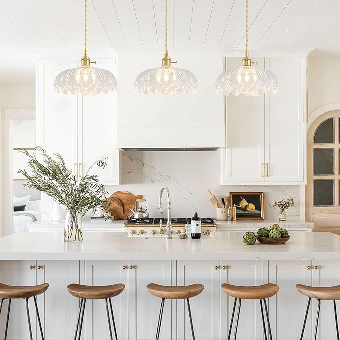 3 Pack Glass Pendant Lights Kitchen Island, Vintage Brass Pendant Light Fixtures, Adjustable Transparent Kitchen Pendant Lighting Over Island for Bedroom Living Room Hallway Dining Room