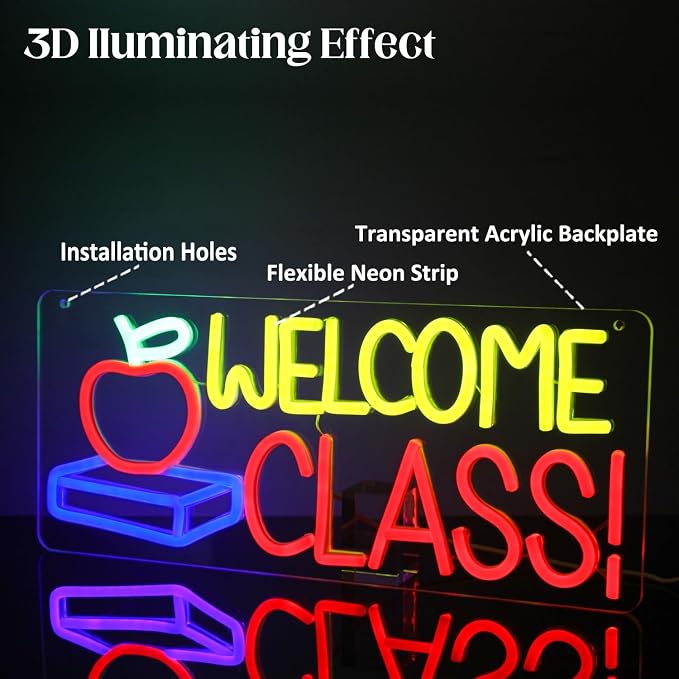Welcome Class Neon Sign Apple Book LED Sign Back to School Classroom Decor | Dimmable Light Up Signs, Student Classroom Neon Light, Colorful Wall Sign, Acrylic Night Light, School Opens Party Decoration