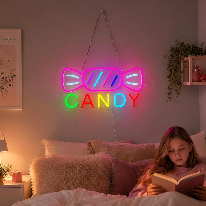 Candy Neon Sign for Wall Decor Candyland Party Decorations, Candy Bar Sign | Store Logo, Birthday Decorations, Candy Light for Candy Shop, Kids' Room, 6.5ft Dimmable USB Powered Colorful 15.7"x7.8"
