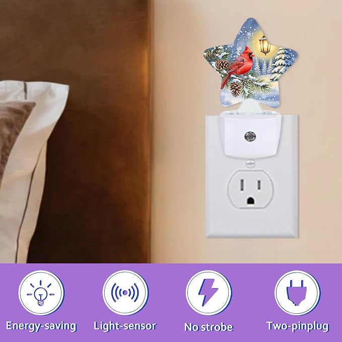 Night Lights Plug Into Wall Decorative,Red Cardinal Bird Nightlights for Kids Bedroom, Winter Pine Tree Energy Efficient Dusk-to-Dawn Sensor Sleep Friendly Lamp for Nursery Bathroom