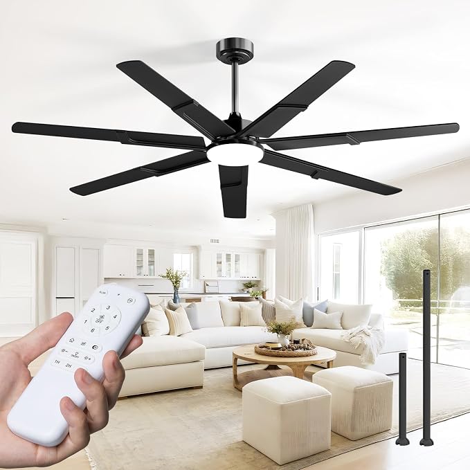 Amico 66 Inch Ceiling Fans with Lights and Remote, Black | 6 Speed Reversible DC Motor, 3CCT, Dimmable, Quiet, Timer, Large Modern Ceiling Fan for Living room, Indoor/Outdoor