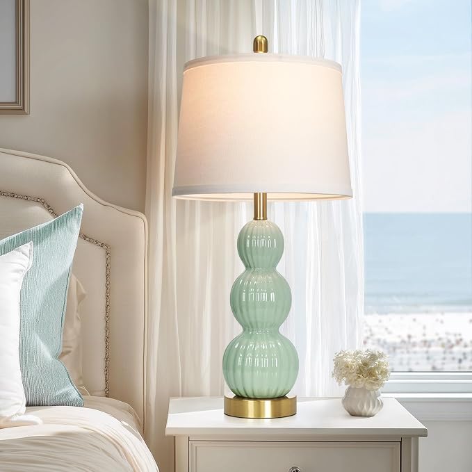28" Sage Green Table Lamps Set of 2 for Living Room, Modern Ceramic Bedside Lamps for Bedroom, Ribbed Gourd Table Lamps for Nightstand (2 LED Bulbs Included)