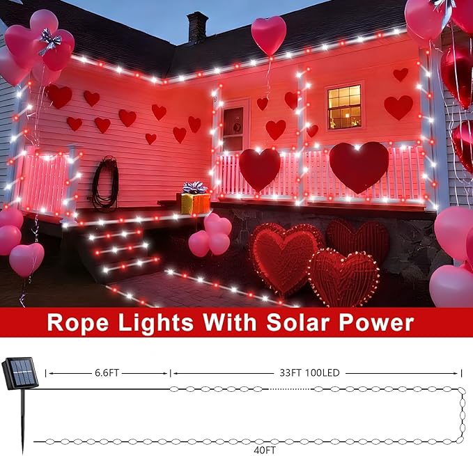 QITONG Red and White Solar Rope Lights, 2 Pack Each 33ft 100 LED Christmas String Light, 8 Modes Fairy Lights in Clear Thin Tube