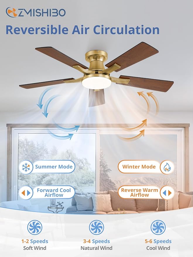 ZMISHIBO 42 Inch Ceiling Fans with Lights, Remote&App Control, Flush Mount | Low Profile, Dimmable 20W LED Light, Quiet Reversible Motor, Strong Airflow, Easy Install for Bedroom/Living Room/Apt, Gold