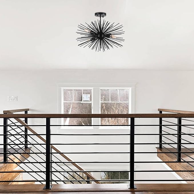 20in Black Sputnik Ceiling Light Fixtures Over Table 4-Lights Starburst Sputnik Chandelier Modern Solid Metal Semi Flush Mount Ceiling Light for Bedroom, Kitchen, Hallway, Laundry Room, E12