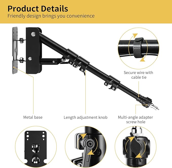 Meking Ring Light Wall Mount Boom Arm 39.37inch/100cm, for Strobe Light, Photography, Softbox, Reflector, Support 180 Degree Rotation
