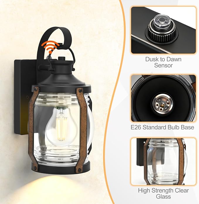 b&k Jasmine Dusk to Dawn Outdoor Wall Sconce Lights, Outdoor Porch Lights Wall Mount 2 Pack, Black Modern Farmhouse Outside Wall Lantern, Waterproof Exterior Garage Lights Fixture for House, E26