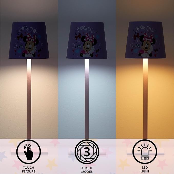 Disney Minnie Mouse Kids Touch Night Light Lamp, Rechargeable Battery Operated Bedroom Table Lamp with Touch On/Off, Portable LED Desk Light with Charging Cord for Nursery & Children’s Room