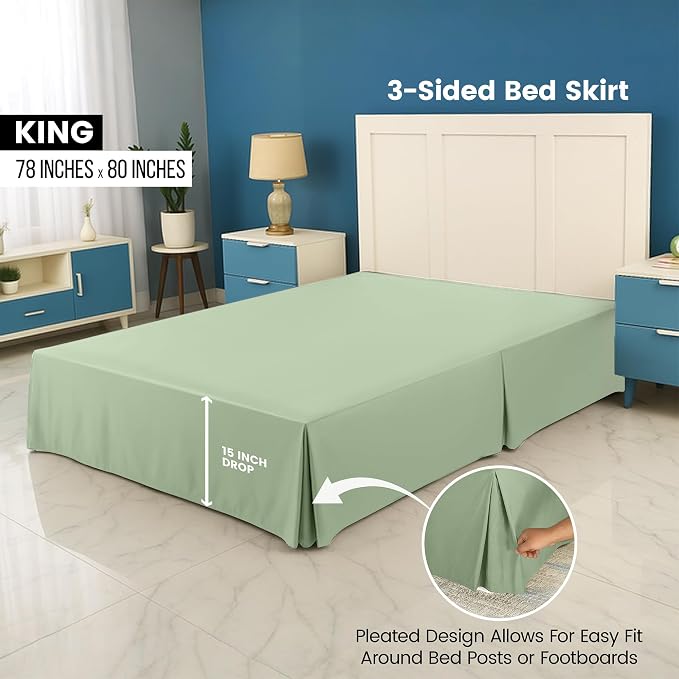King Bed Skirt, Hides Under-Bed Storage 16 Inch Drop, Pleated, Sage | Easy Fit Design, Shrinkage & Fade Resistant, Hotel Style, Microfiber Durable Fabric, Machine Washable