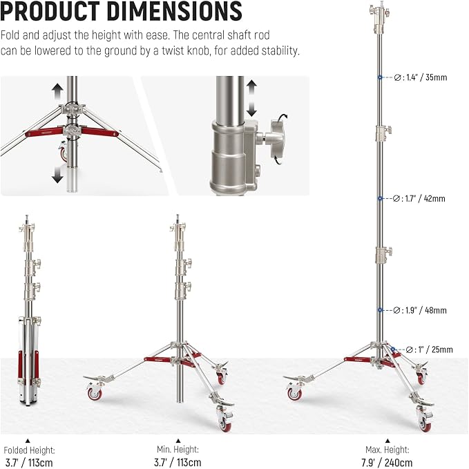 NEEWER Heavy Duty Stainless Steel Light Stand with Casters, 1-1/8" Junior Receiver, Spring Loaded 5/8" Baby Stud, Max Load 77lb, 7.9ft/240cm Junior Wheeled Stand for Studio Softbox Reflector, ST240SS