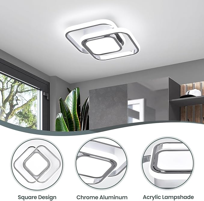 CANEOE Square Hallway Ceiling Light Fixtures,6000K Cool White Modern Flush Mount Ceiling Light,Chrome Led Hallway Lighting Fixtures for Kitchen Entryway Bedroom Laundry Room