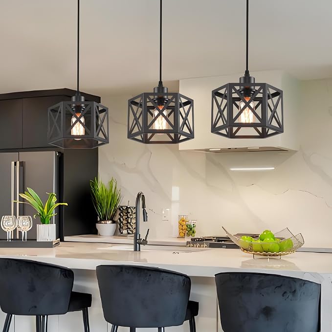 Farmhouse Pendant Light Fixture, Black Pendant Lights for Kitchen Island Industrial Lantern Pendant Light Fixtures with Light Shade, Adjustable Height Hanging Pendant Lighting