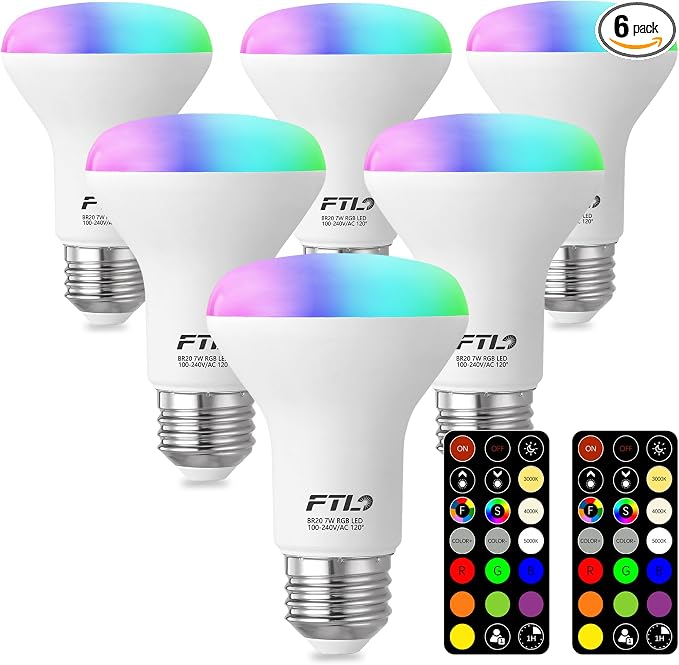 FTL R20 Color Changing Light Bulb with Remote Control, BR20 LED Bulb Dimmable RGB Colored Light Bulbs 7W=60W, 30 Colors, 2700K-6000K, Timer, Color Flood Light Bulbs for Recessed Can Lighting, 6-Pack