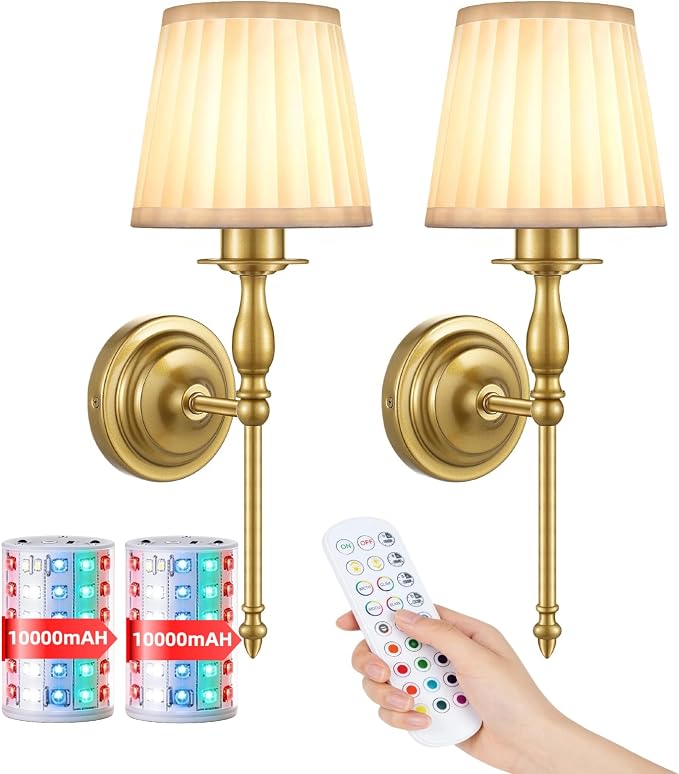10000mAh Battery Operated Wall Sconce Set of 2,Rechargeable Wall Sconces set of Two,Vintage Gold Sconces Wall Decor,Wireless Wall Lamp,Cordless Wall Lights Living Room Bedroom (Not Peel and Stick on)