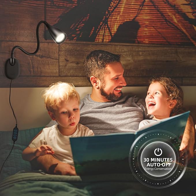 2 Pack LED Wall Mounted Bedside Reading Light, 3 Color Modes,10 Brightness Dimmable, USB Charging Port, Memory Timer Adhesive Wall Light Night Lamp for Books in Bed, Eye-Caring Bedroom Lighting Black