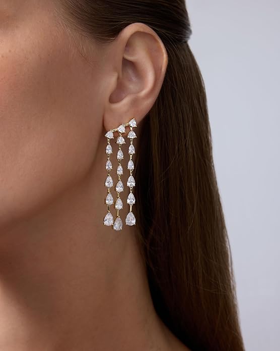 PAVOI 14K Gold Plated Long Tassel Dangle Earrings for Women - 925 Sterling Silver Posts Elegant Rhinestone Chain Chandelier Drop Earrings - Statement Jewelry