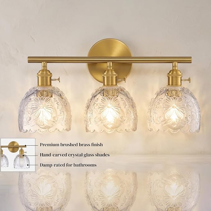 Hamilyeah 3-Light Bathroom Vanity Light Fixture, Brushed Brass Gold Wall Light with Clear Embossed Floral Glass Shades, Vintage Glass Vanity Lighting for Mirror, Powder Room, Bedroom, Hallway, Modern