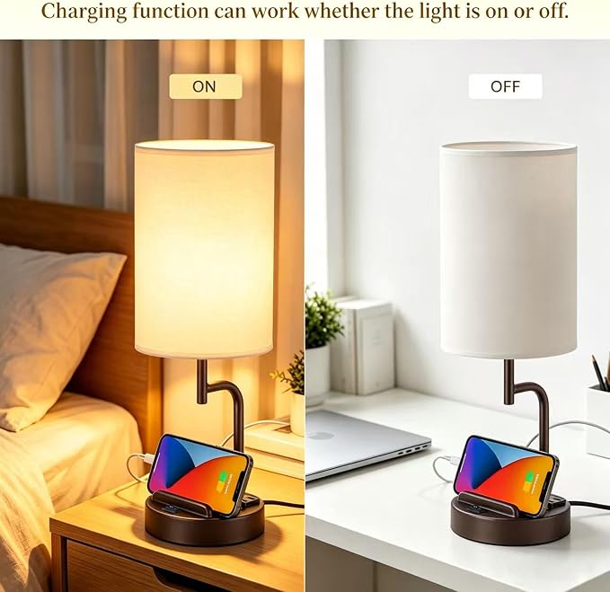 Dreamholder 2 Pack Table Lamp, Bedside Lamp with 3 USB Charging Ports & AC Outlet, USB Desk Lamp with 2 Phone Holders, Linen Fabric Shade Nightstand Lamps for Bedroom Living Room Office, Dark Brown
