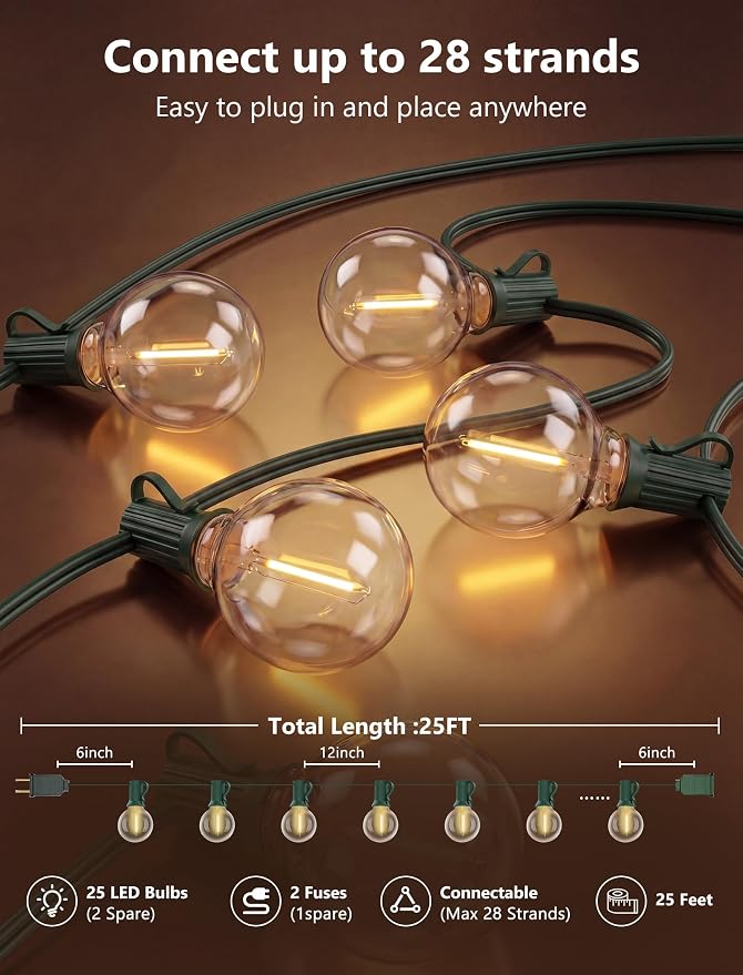 25FT LED Outdoor Christmas String Lights Waterproof, Hanging G40 Globe Patio Lights with 27 LED Shatterproof Warm White Bulbs, Outdoor Christmas Decorations Light for Wedding Party Backyard, Green