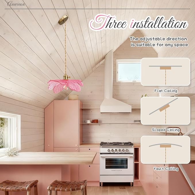 Pink Glass Pendant Lights Fixtures Flower Hanging Ceiling Light Girls Room Mid Century Pendant lamp Gold Chandelier for Kitchen Island Dining Room Foyer Cafe