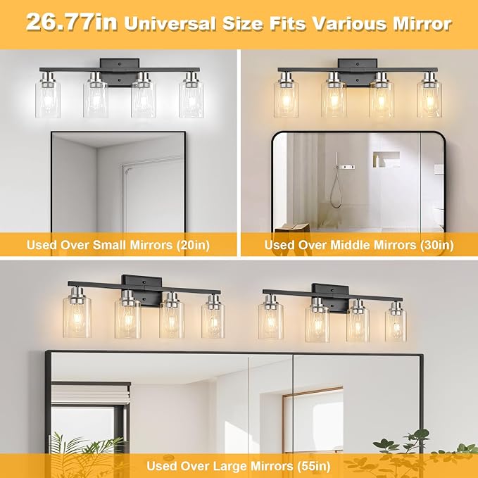 Modern Bathroom Light Fixtures, 4 Light Vanity Lights Over Mirror, Black and Brushed Nickel Wall Lamp with Clear Glass for Living Room Cabinet Bedroom Porch
