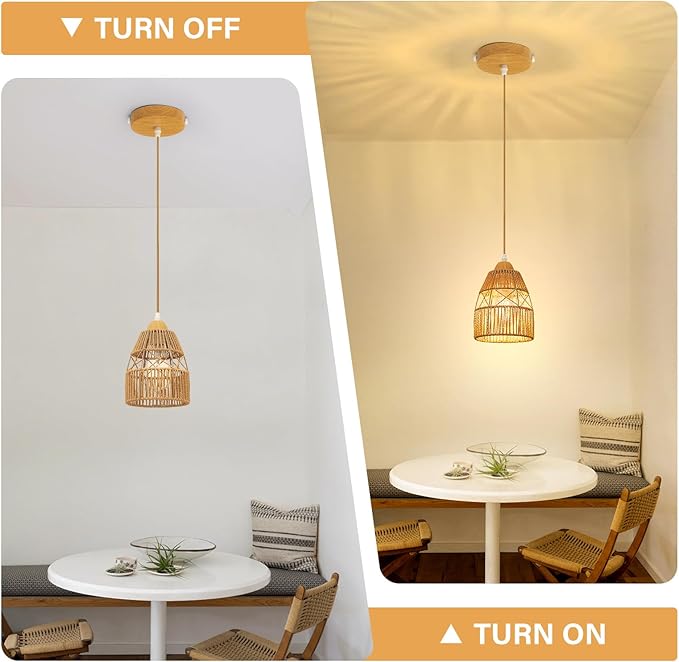 Boho Rattan Pendant Light Kitchen Island,Farmhouse Chandeliers Adjustable Height Hanging lamp for Dining Room,Small Kitchen Ceiling Lights Fixtures with Hand Woven Wicker Lampshade Lighting