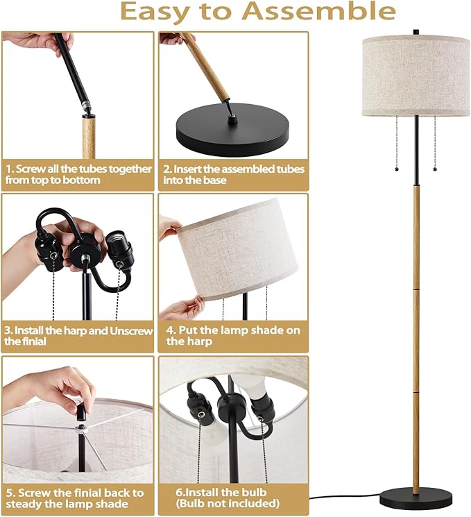 Luvkczc Floor Lamp, 62" Standing Lamp Tall Lamp with Fabric Lampshade&Pull Chain Corner Floor Lamps for Living Room, Bedroom,Office Corner (Wood Grain 2 Bulb Socket)