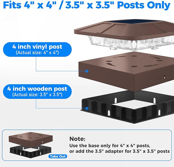 4x4 Solar Post Cap Lights Outdoor with 3 Modes, 2 Packs Brown Fence Light Solar Powered Waterproof for 4x4 3.5x3.5 Wood/Vinyl Posts for Deck Yard Garden Patio Outside