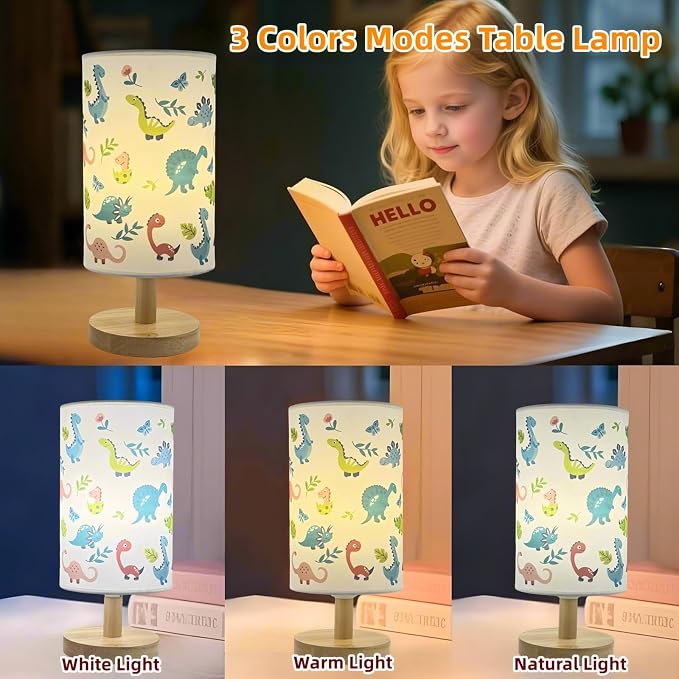 Dinosaur Kids Table Lamp for Bedroom Cute Desk Lamp for Girls Boys Room | 3 Color Modes Led Nightstand Night Light with Dino Cartoon Bedside Lamp for Kids Room,Nursery Decor,Dinosaur Gifts for Boys