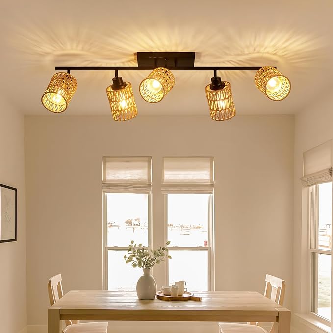 5-Light Track Lighting Fixtures Ceiling E26 Rattan Farmhouse Boho Ceiling Track Lighting Directional Rotatable Modern Track Ceiling Light Fixtures for Kitchen Bedroom Living Room Hallway Foyer