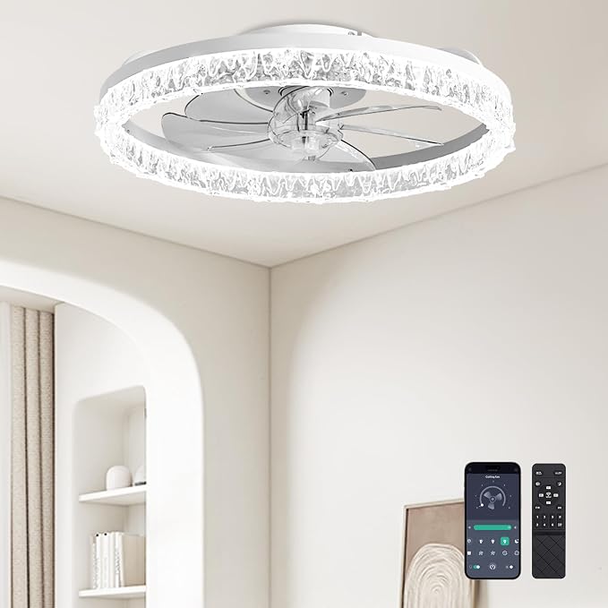 Ceiling Fans with Lights and Remote Fandelier - 20" Flush Mount Low Profile Modern Ceiling Fans for Bedroom - Stepless Color Temperature and 6 Speeds, White Irregular Crystal