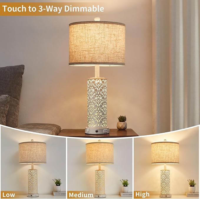 SAIWEYA 26" Farmhouse Table Lamp for Living Room Bedroom, Dimmable Touch | 3 Way Dimmable, 2 USB Ports + AC Outlet Bedside Lamp for Nightstand, LED Bulb Included, Fabric Shade, Flower Metal Body