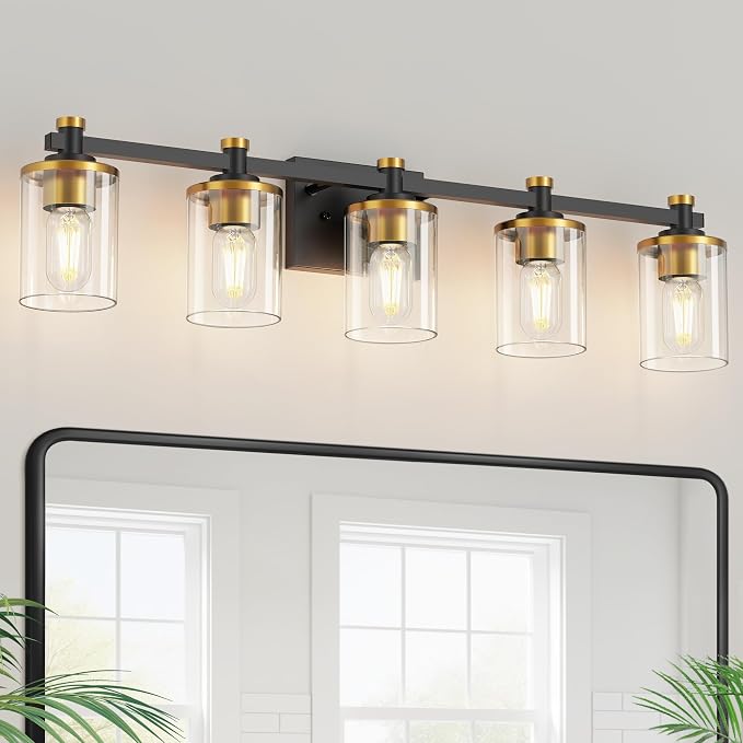 Bathroom Light Fixture, Bathroom Vanity Light Over Mirror, 5-Lights | Vanity Lights for Bathroom, Modern Lighting Fixtures with Clear Glass Shade, Black and Gold Vanity Lights, ETL Listed