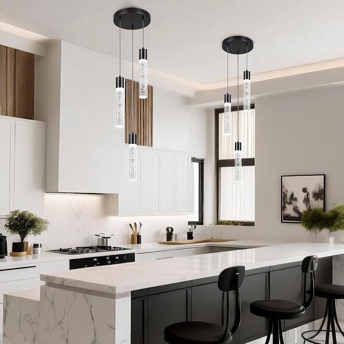 Pendant Lights Kitchen Island, 6500K Modern Kitchen Island Lights Brushed Black, Ceiling Lighting Fixtures with Crystal Bubble, Integrated LED Hanging Light for Dining Room 1 Pack(3-Light)