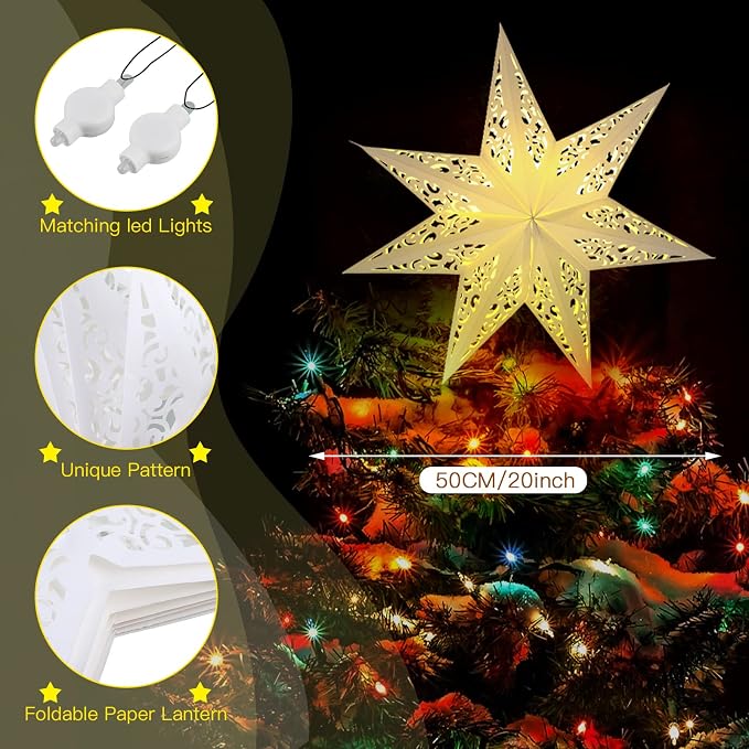 Kingdder 2 Pcs Star Shaped Paper Lanterns Lampshade with LED Light 7 Pointed Moroccan Hollow out Stars Party Decoration for Weddings Christmas Tree Birthday, 20 Inches