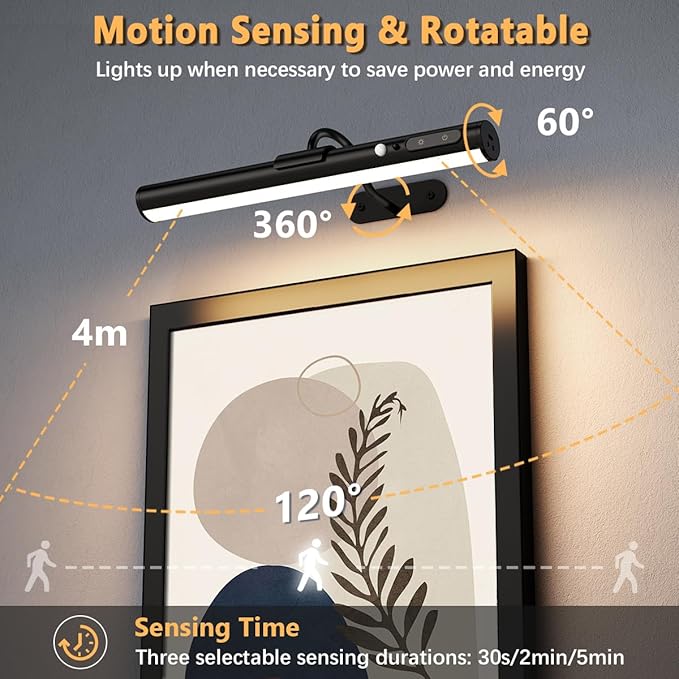 Hapfish Motion Sensor Battery Operated Wall Sconce,Wireless Picture Lights | Rechargeable Magnetic Art Lighting with Remote Control, Battery Picture Light for Wall Poster Dartboard Mirror - Black