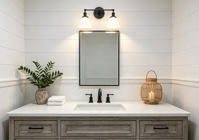 Double Sconce Vintage Industrial Black 2-Lights Wall Sconces with Funnel Flared Glass Milk Glass Shade Antique Scocne for Bathroom Living Room Home Office