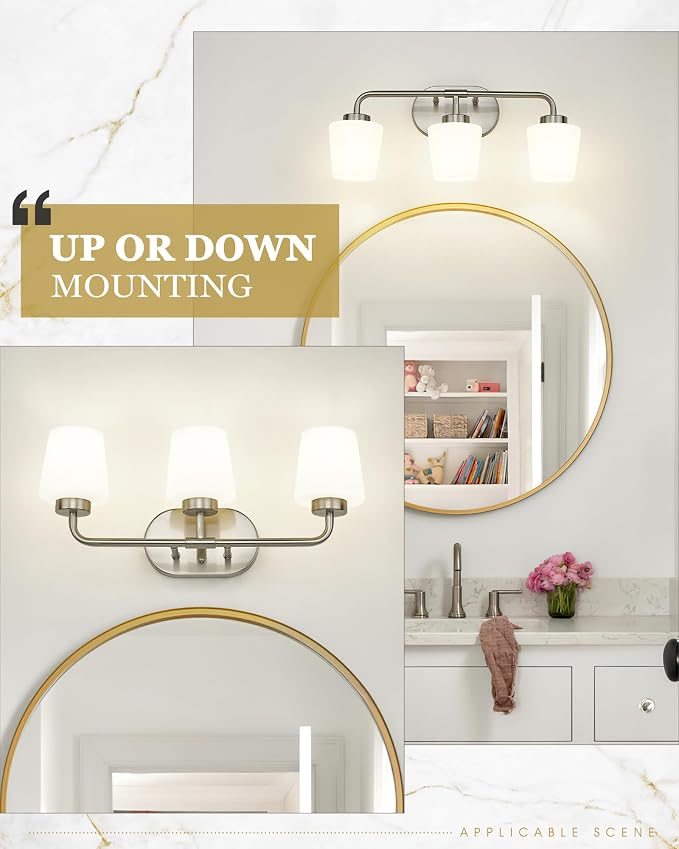 Bathroom Light Fixtures Over Mirror, 3-Light Brushed Nickel Vanity Lighting Fixtures with Milk White Glass, Vintage Farmhouse Wall Sconces Lighting, AD-22004-3W-SN