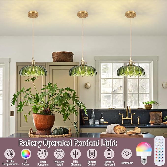 Battery Operated Pendant Light,Vintage Light Fixtures RGB Rechargeable Light Bulb 2500mAh 9.8in with Remote Control Wireless Adjustable Chandelier for Kitchen Island Hallway 1 Light