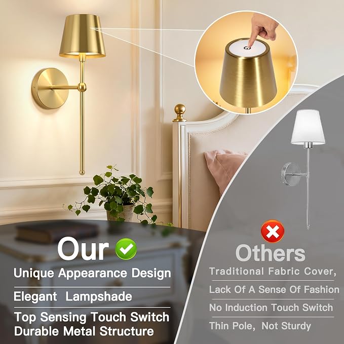 TaoFiaCo Battery Operated Wall Sconces Set of 2,Wireless Wall Sconce Gold | 5200mAh Rechargeable, Remote, Timer, Dimmable, Cordless Wall Light for Bedroom Living Room, Hallway, Light Decor