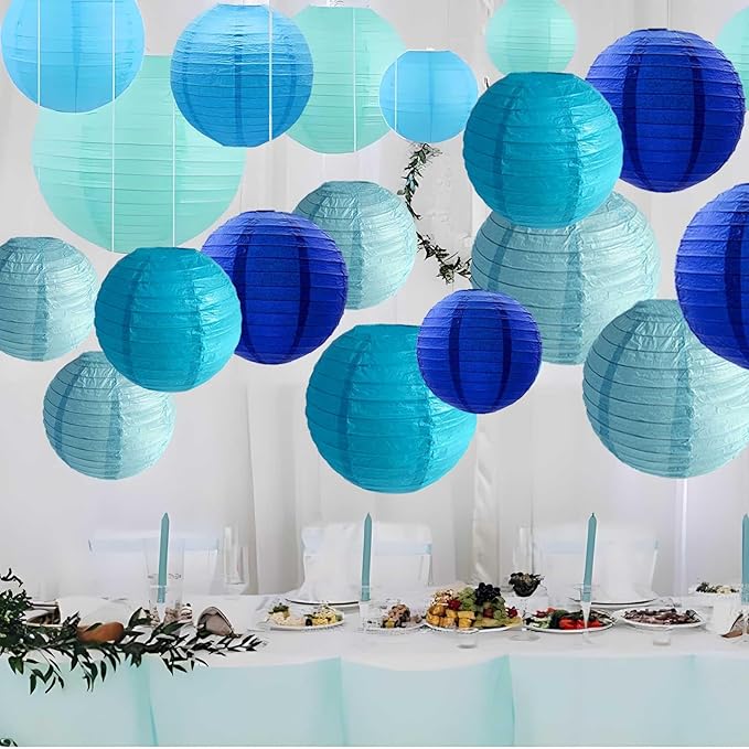 Blue Paper Lanterns 12Pcs Hanging Round Paper Lanterns Decorative for Graduation Baby Shower Wedding Birthday Family Parties ﻿