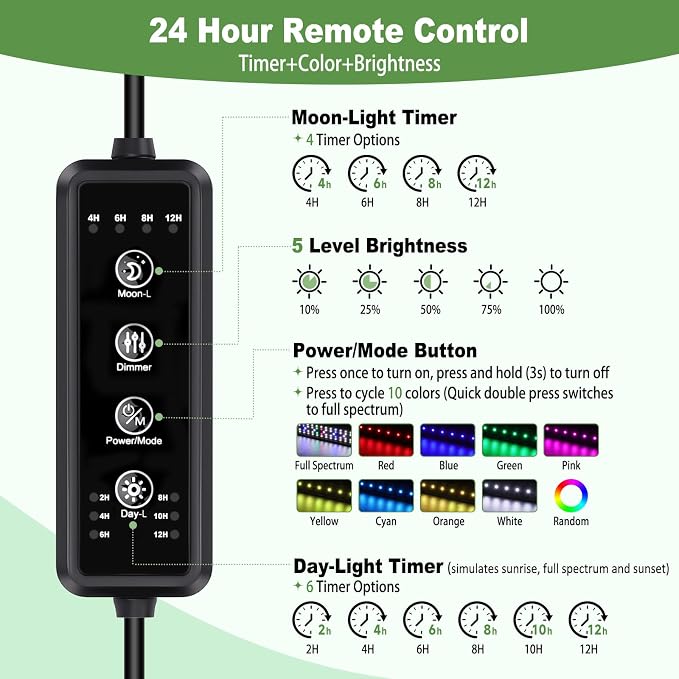 hygger LED Aquarium Light, 30W Full Spectrum Plant Lamp with Timer, 30-36" | Full spectrum LED light, DIY mode, adjustable brightness, timer and memory function, 10 colors for planted aquariums